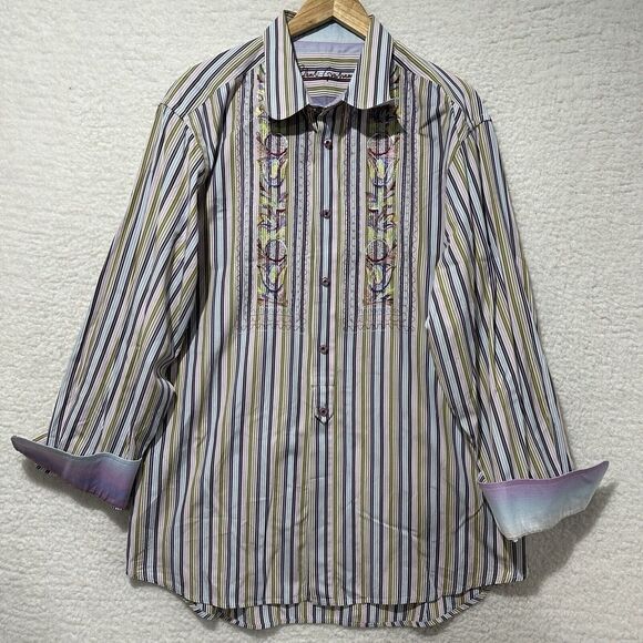 Robert‎ Graham Embroidered Floral Multicolor Striped Long Sleeve Shirt Size 3XL